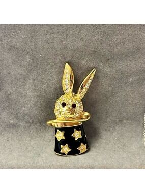 Signed KJL Kenneth Jay Lane Gold and Black Magic Rabbit Brooch vintage 90s glam